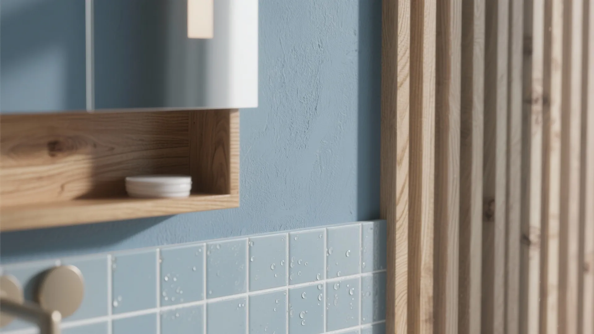1. Soft blue-grey walls with warm wood accents