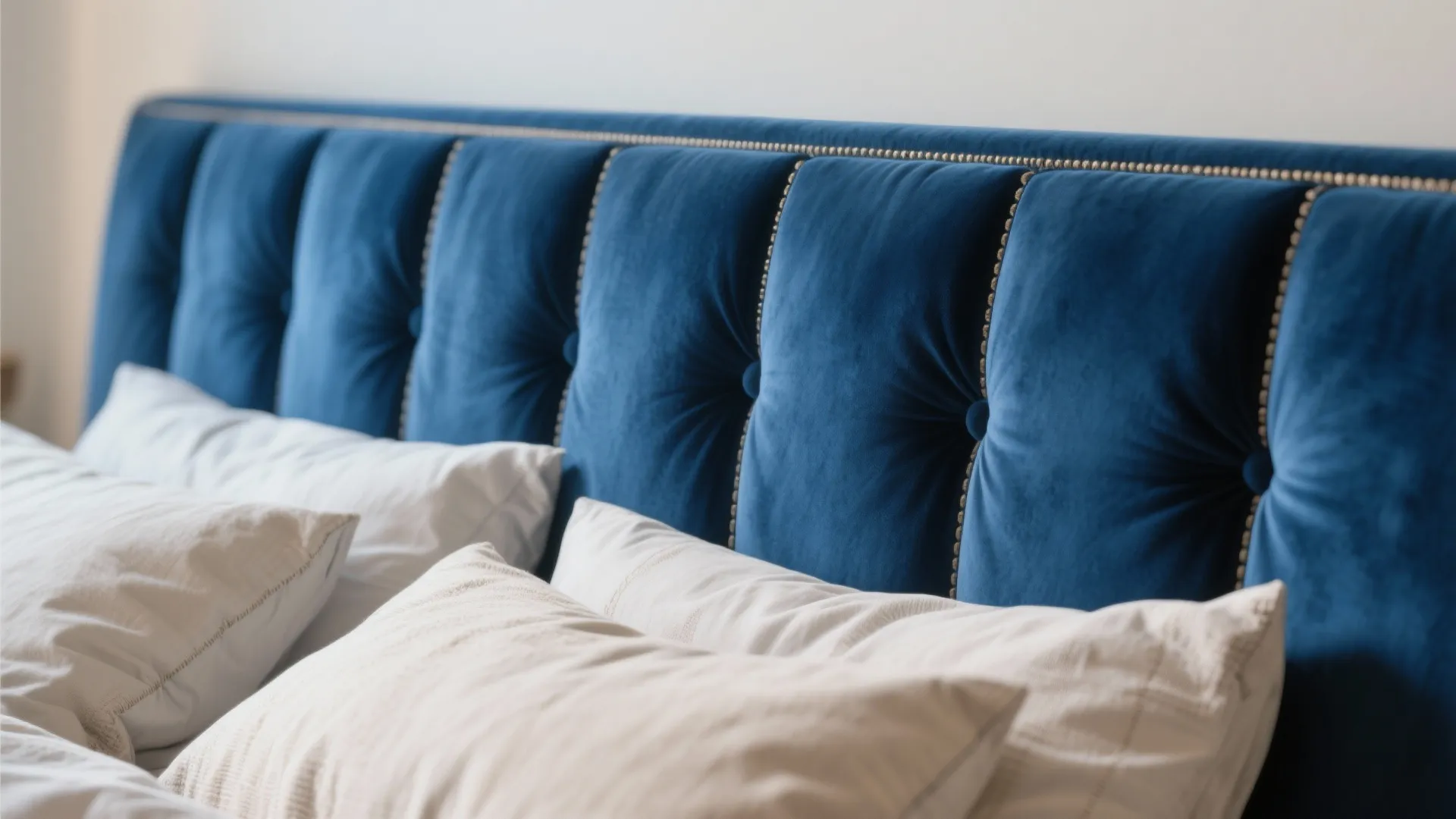 1. Anchor the room with a blue upholstered headboard