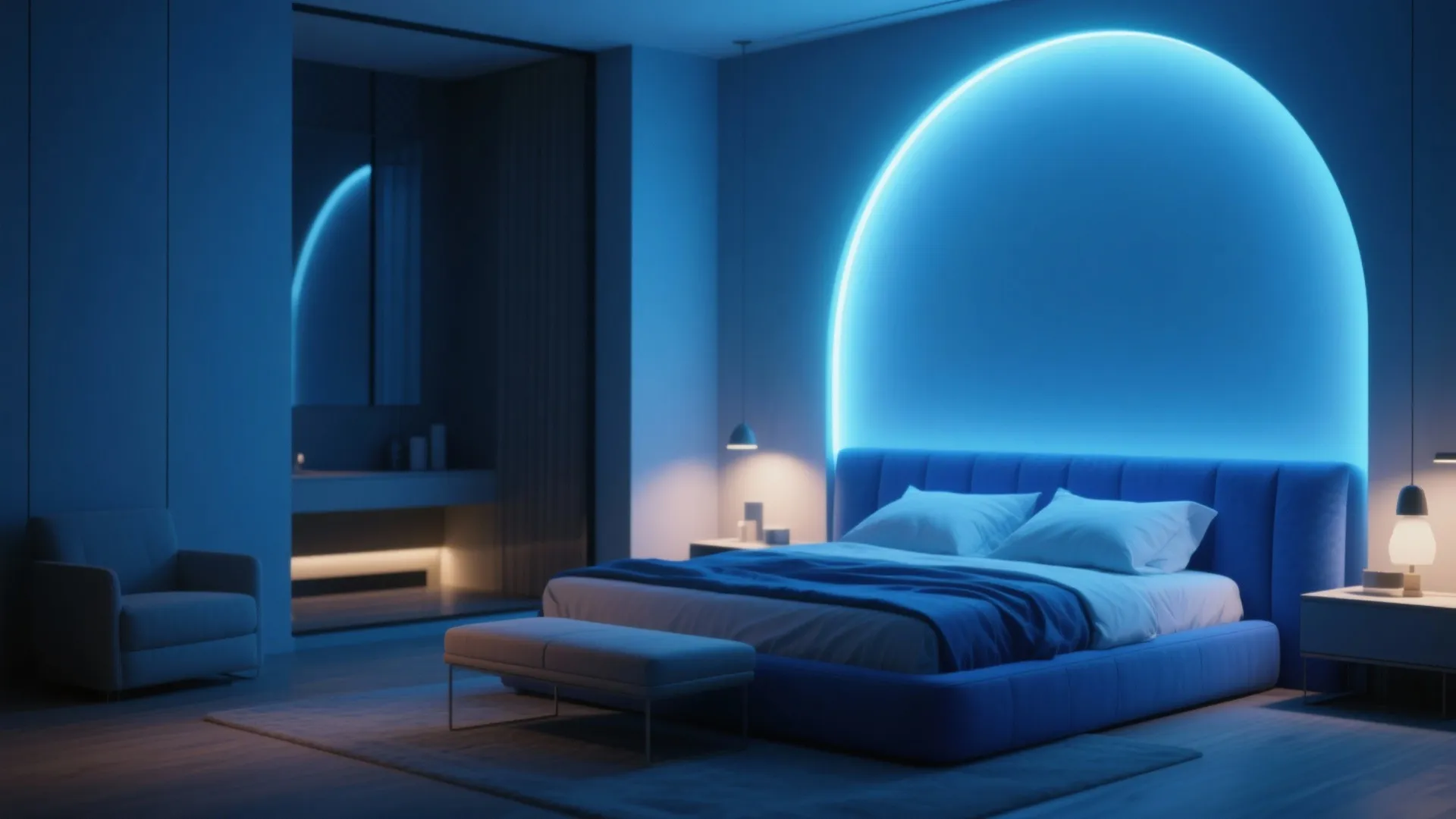 Royal blue headboard with soft LED halo lighting