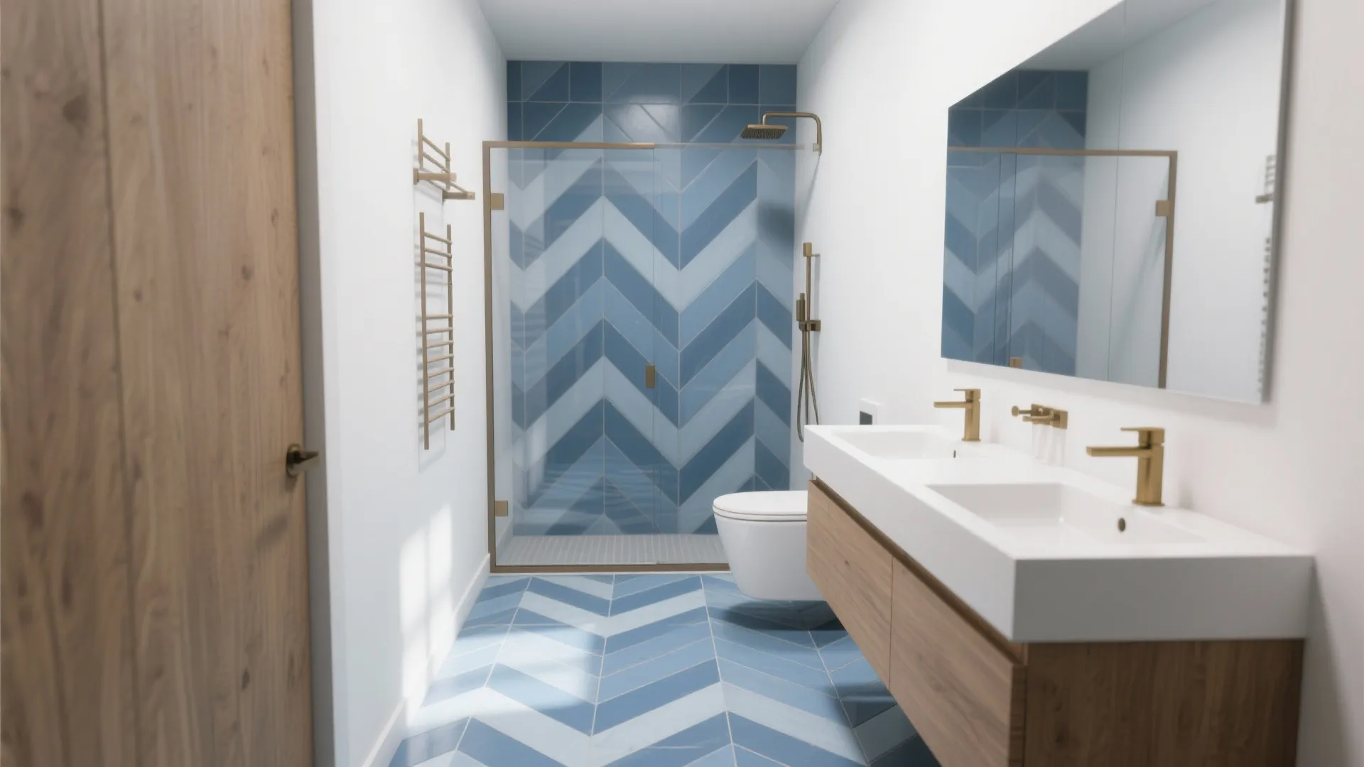 Blue Herringbone Floors to Stretch Space