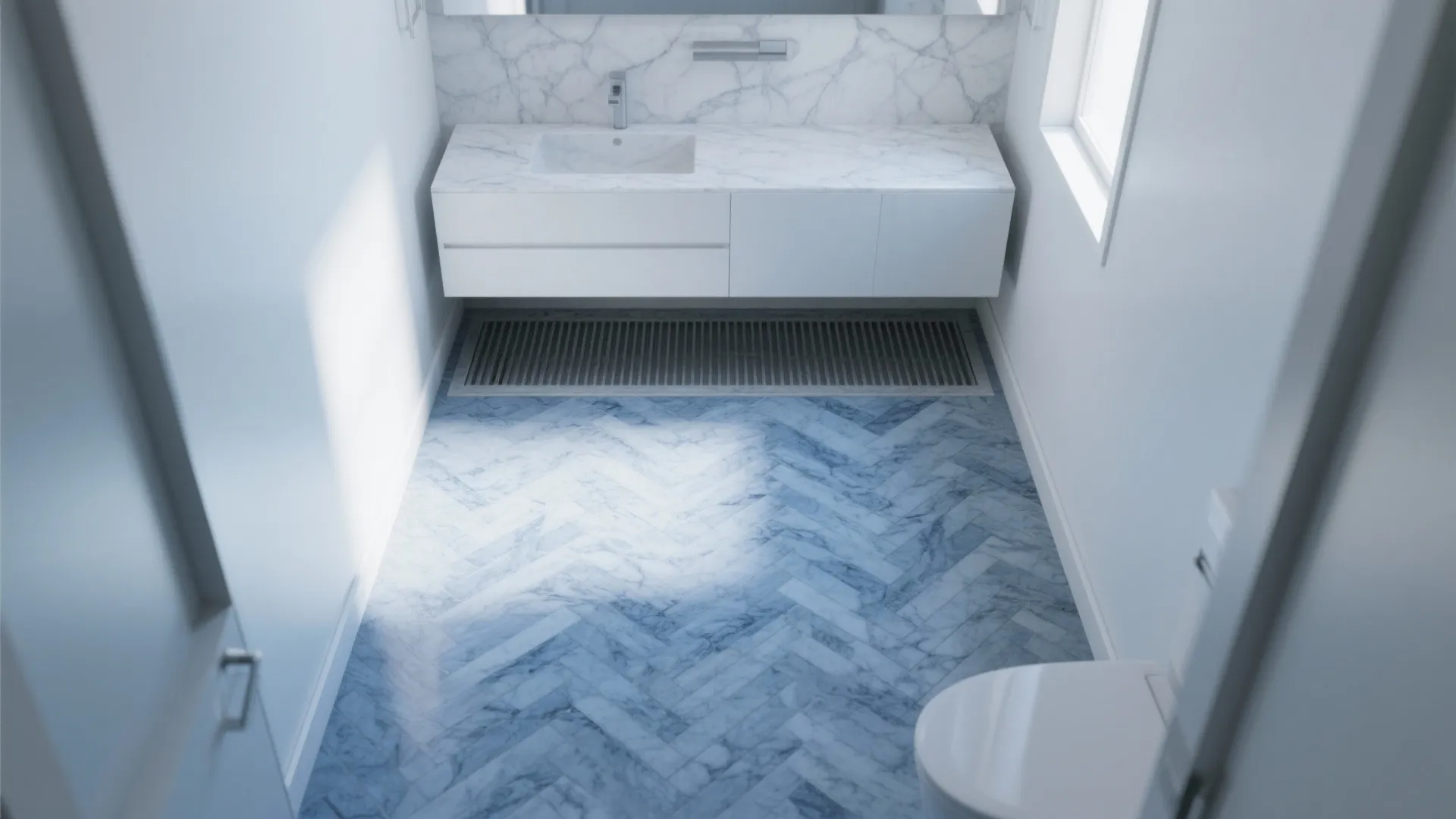 Blue Marble Herringbone Floor With Non‑Slip Finish