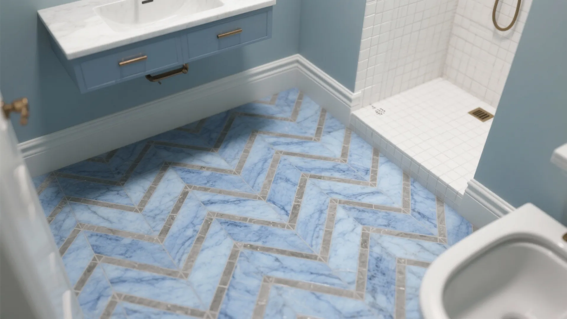 Modern bathroom design with blue marble zigzag floor tiles plus blue cabinet and white sink