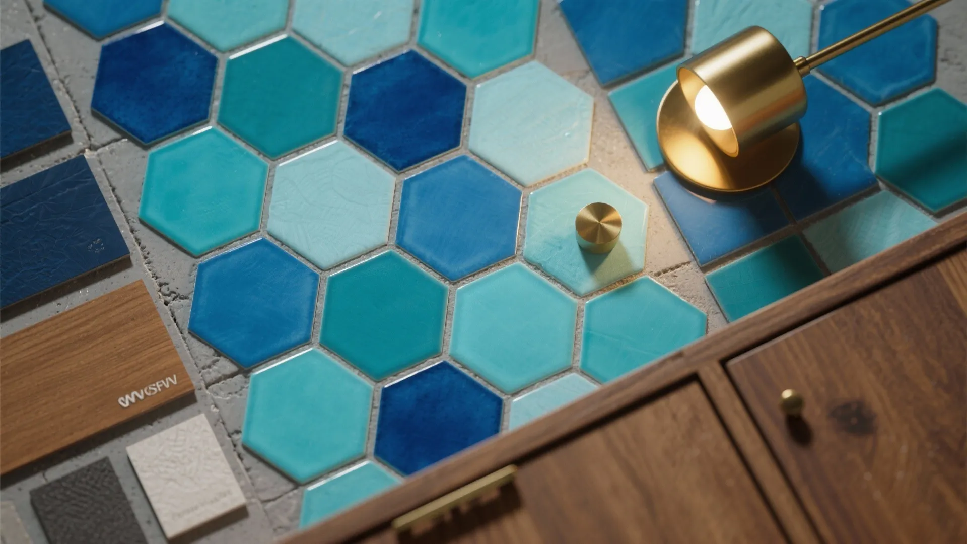 Blue hexagonal floor tiles with gold light fixture and several different interior design material samples