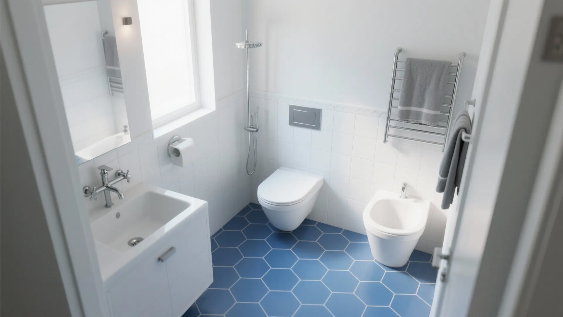 Modern bathroom with blue hexagon floor tiles white wall tiles sink toilet and a shower