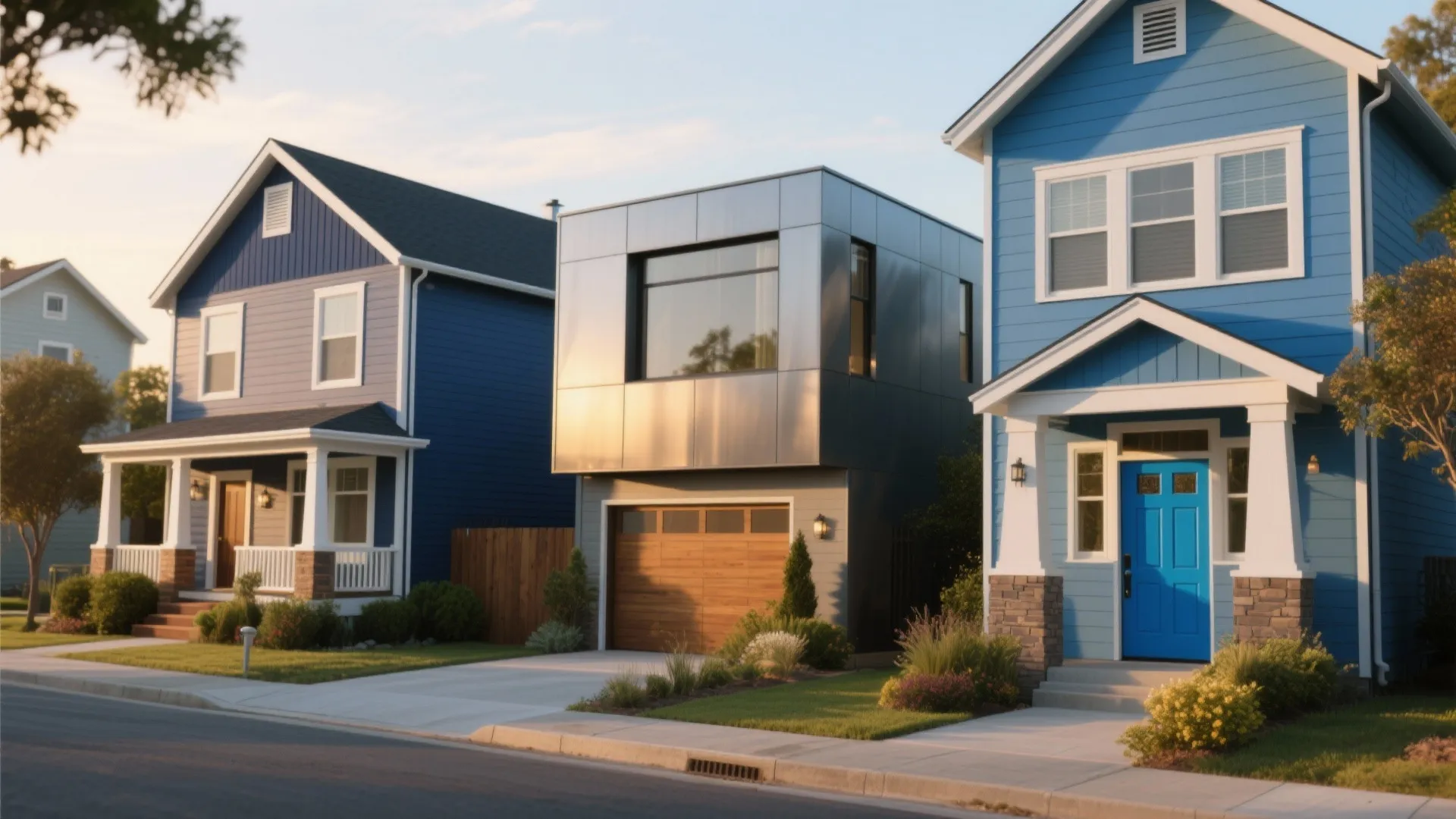 Row of modern suburban houses with blue siding and a grey metal exterior design drawing