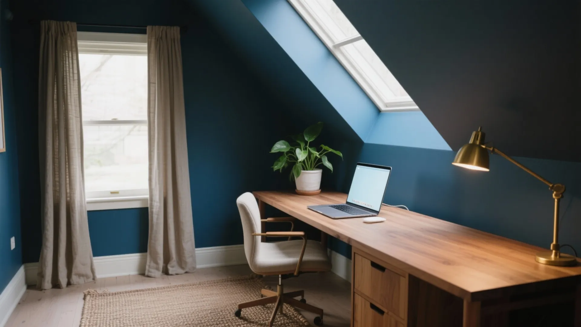 Attic home office with blue walls roof window wooden desk laptop white chair and green plant