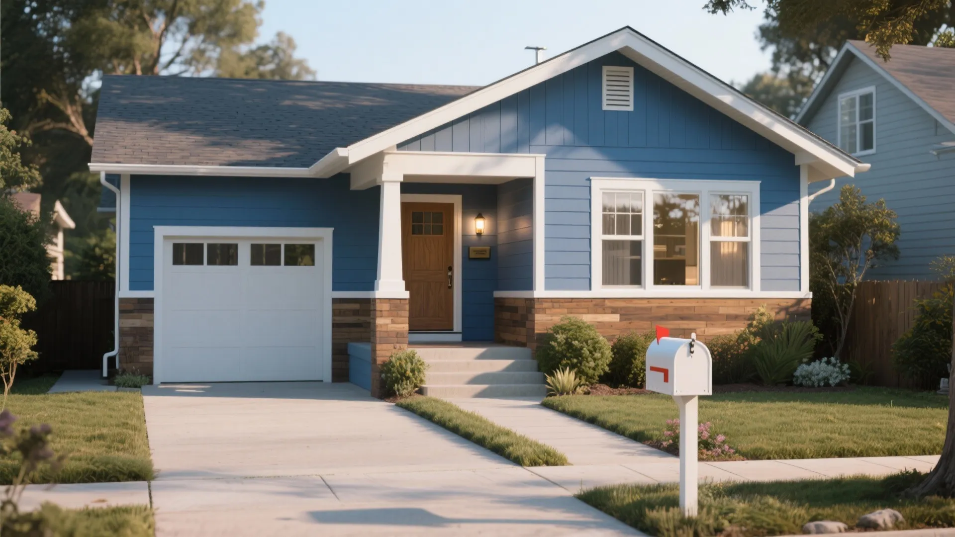 Small blue house with white garage door wooden front door white mailbox and green grass