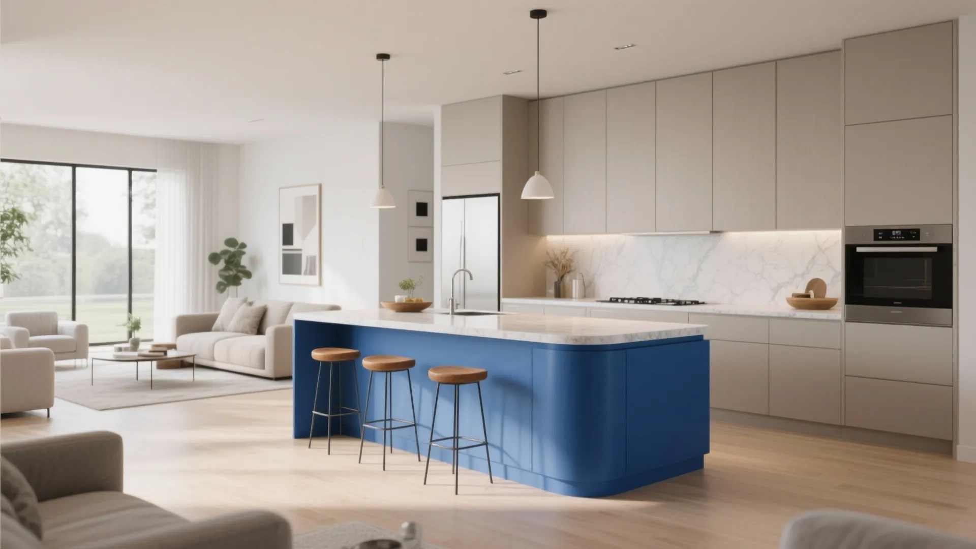 Modern open plan kitchen featuring a blue island with wooden stools and light grey cabinets