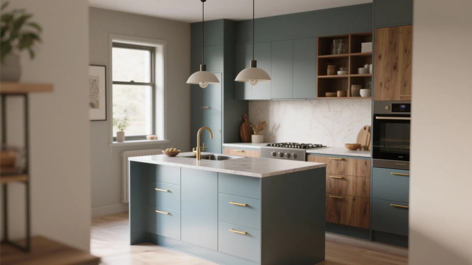 Modern kitchen with blue island wooden cabinets marble countertop gold faucet and two white light fixtures