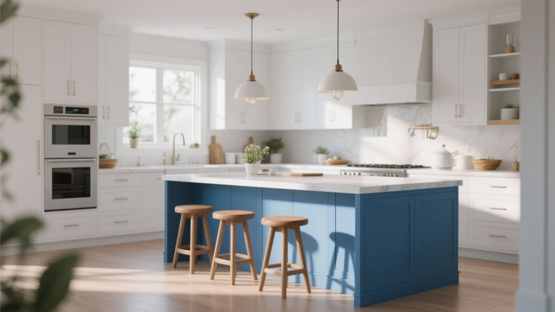 Bright white kitchen with blue island wooden stools white ceiling light fixtures and double wall ovens