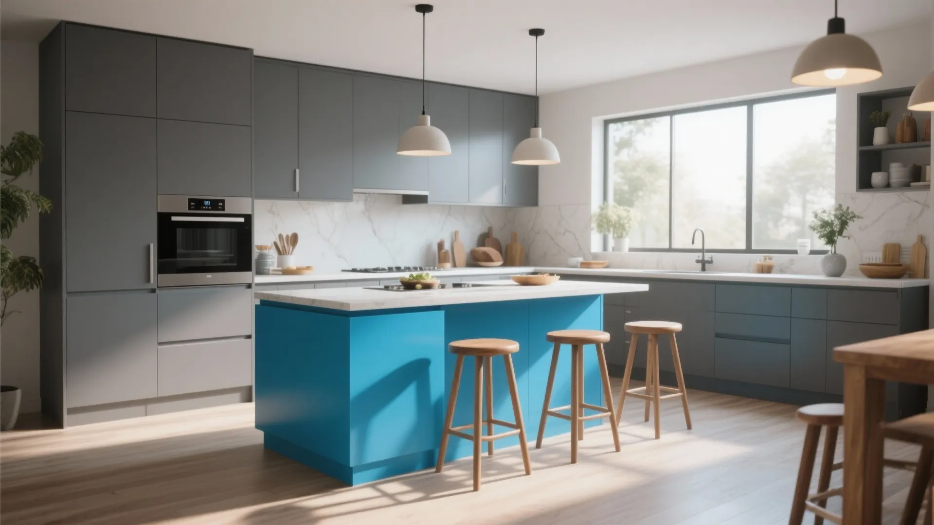 Modern kitchen with grey cabinets a blue island three wooden stools and white ceiling lights