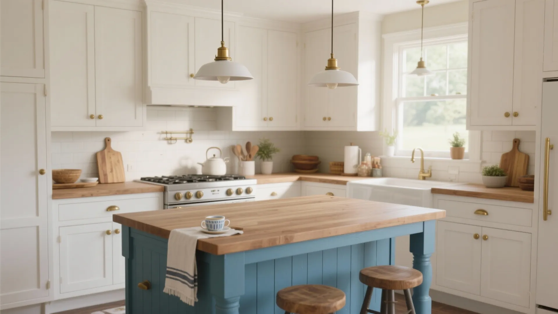 Bright kitchen with white cabinets wood countertops blue island two ceiling lights and wooden stools
