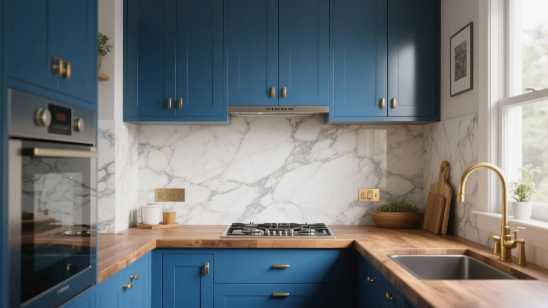 Blue kitchen featuring wood countertop marble backsplash gold faucet sink stove oven and dark cabinets