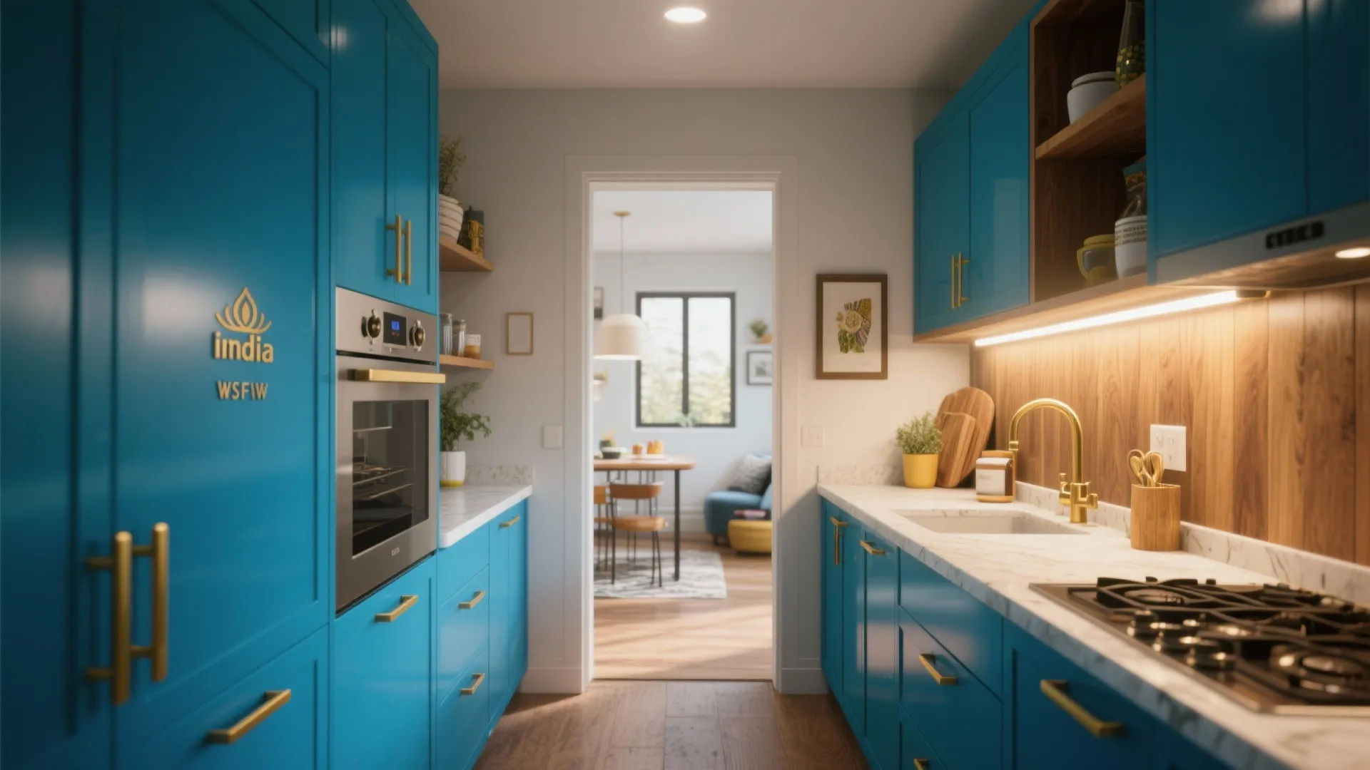 Modern kitchen with blue cabinets gold handles white marble counters and a view of dining