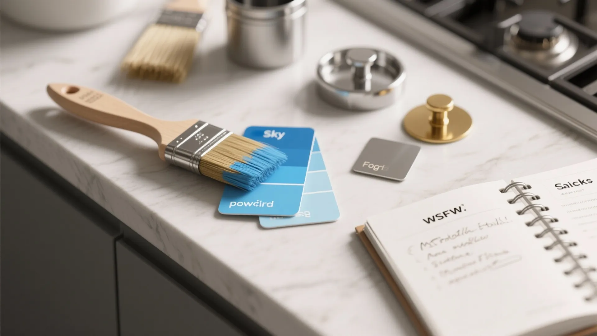 Paint brush with blue color cards and a notebook on a white kitchen countertop surface design