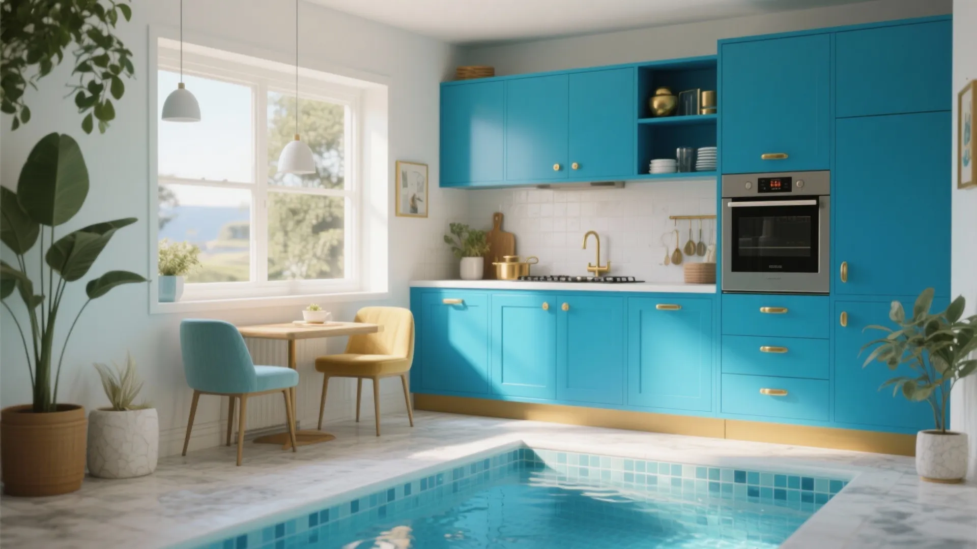 Modern blue kitchen interior with gold handles and small dining area by a bright window