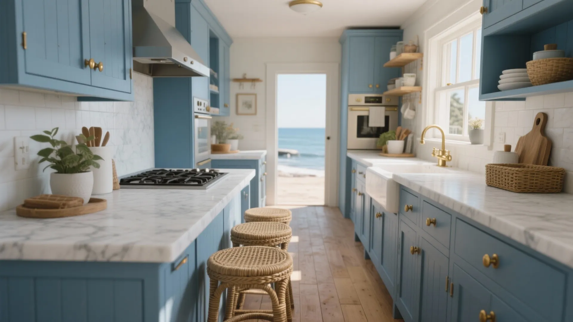 Modern blue kitchen with marble countertops woven bar stools and an open door viewing the ocean