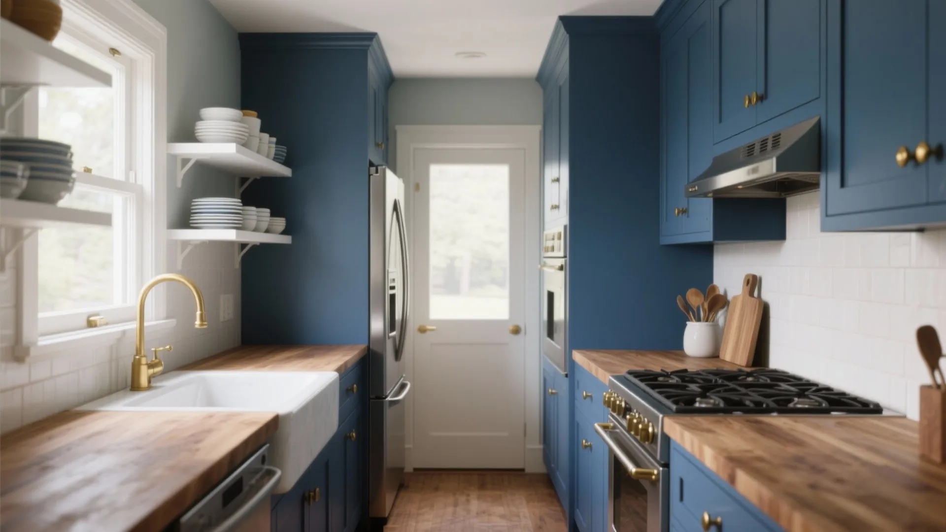 Modern blue kitchen with wood countertops white farmhouse sink gold tap and bright white door