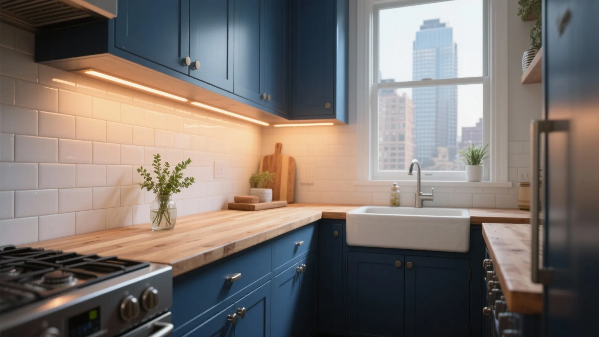 Modern blue kitchen cabinets with wood countertops white tile walls and a large farmhouse sink