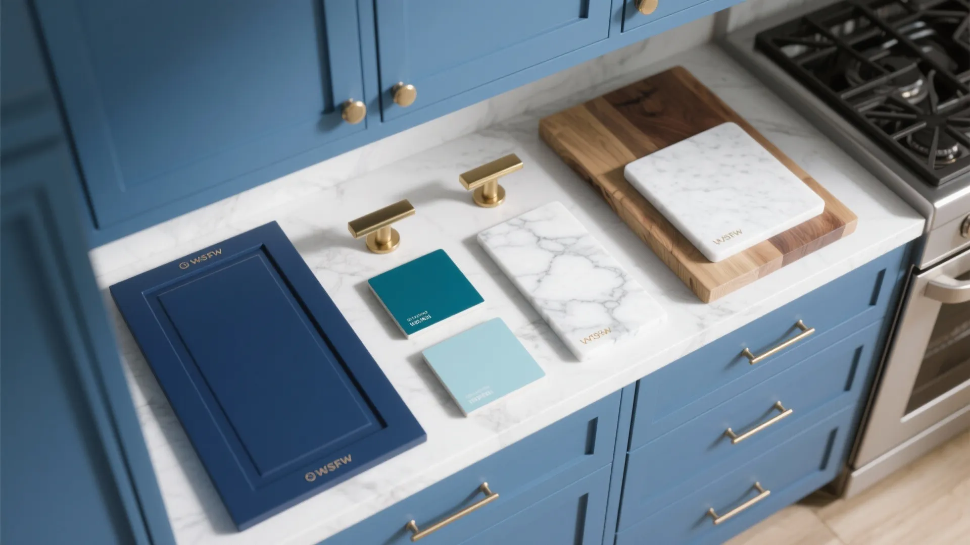 Blue cabinet door and marble samples with gold handles on a white stone kitchen counter