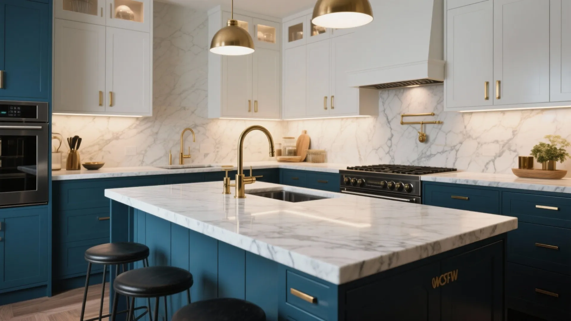 Kitchen with navy base cabinets, white uppers, and mixed brass and black metal hardware in a smart layout.
