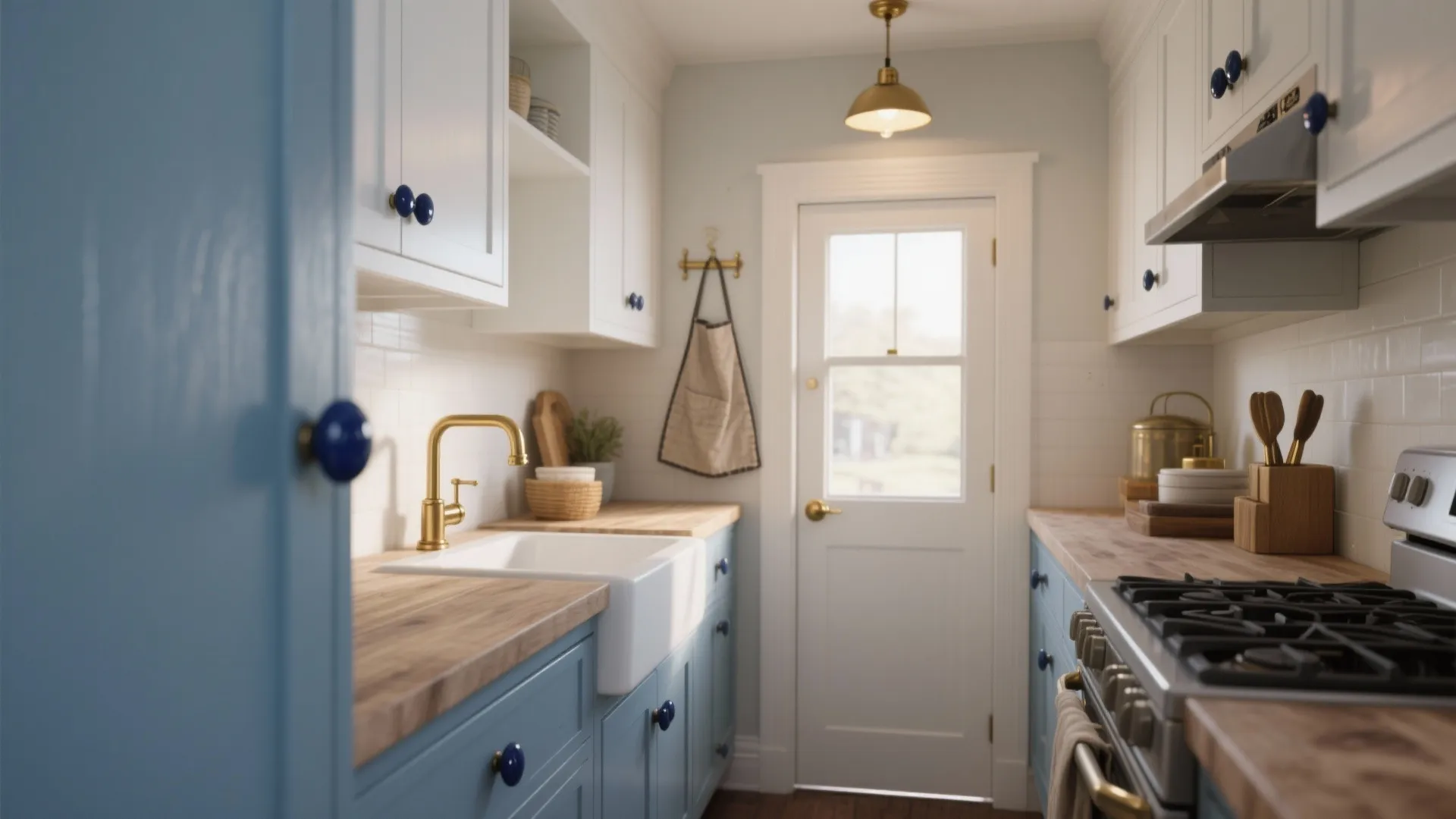 Small kitchen featuring blue cabinets with dark handles white walls wooden countertops and gold faucet