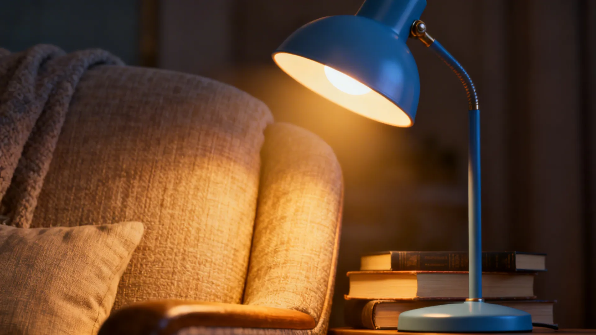 Close-up of a blue lamp glowing with warm light, creating a cozy reading corner.