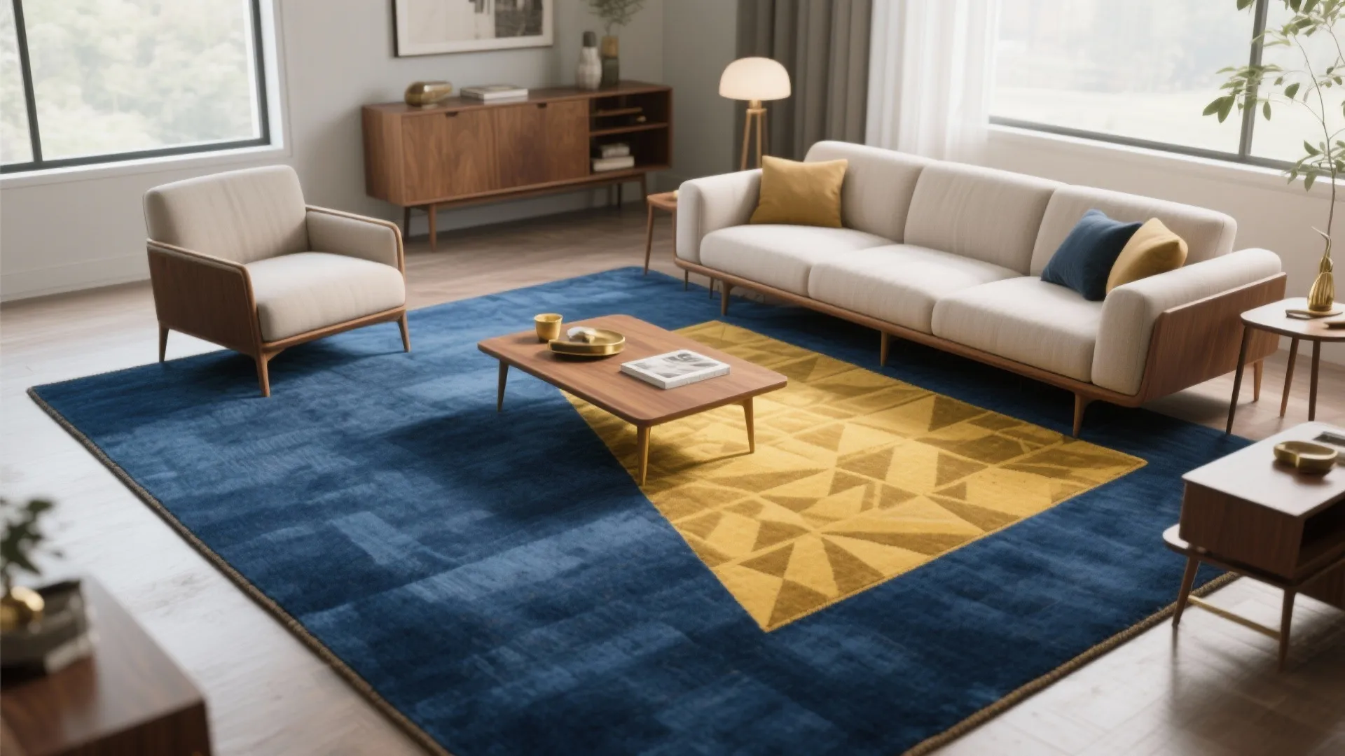 2. Use a large blue rug and a mustard-yellow geometric throw rug to define seating