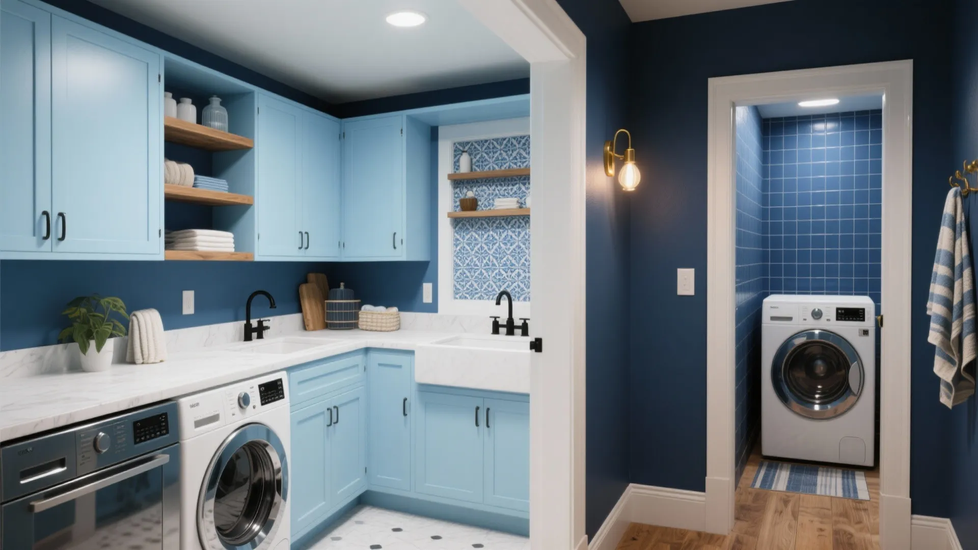Modern laundry room with light blue cabinets white marble countertop washing machine and dark blue walls