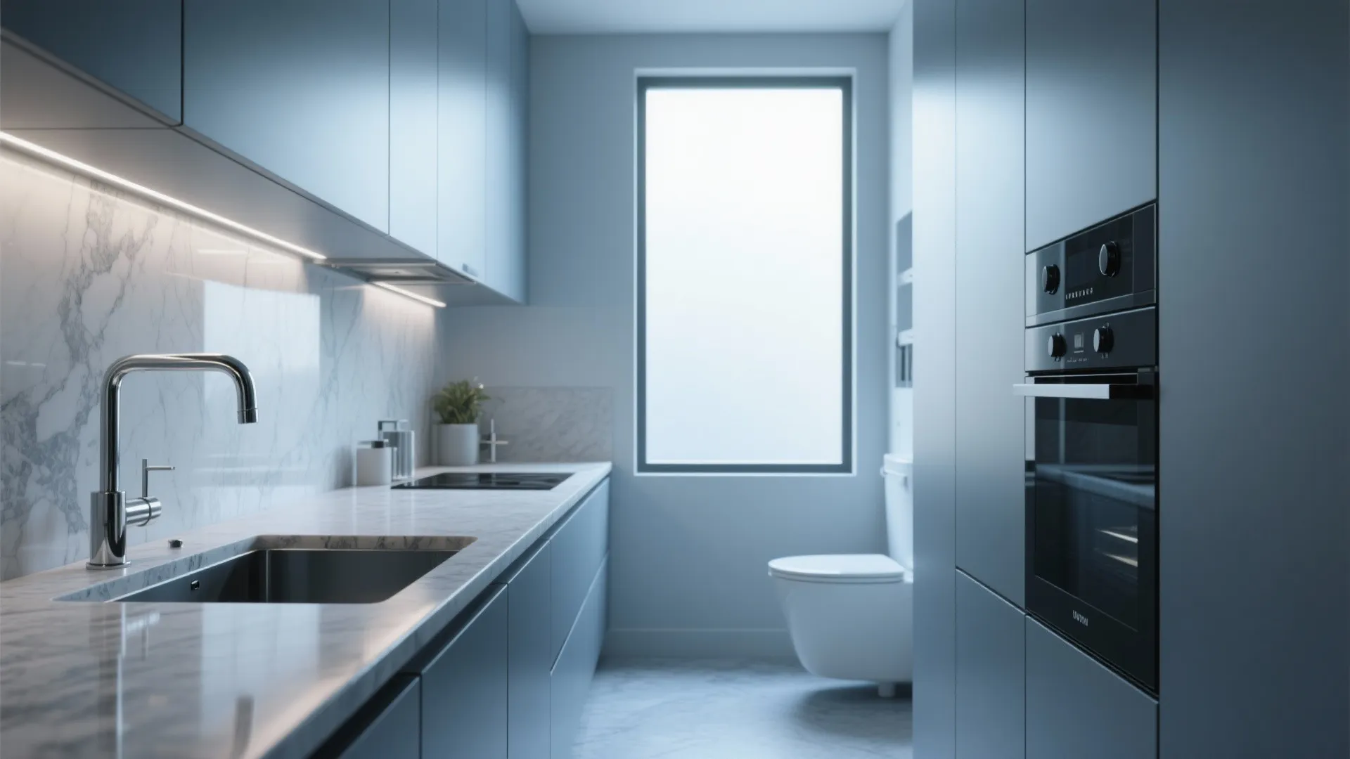 Modern blue grey kitchen with marble counter sink black oven and a window for light