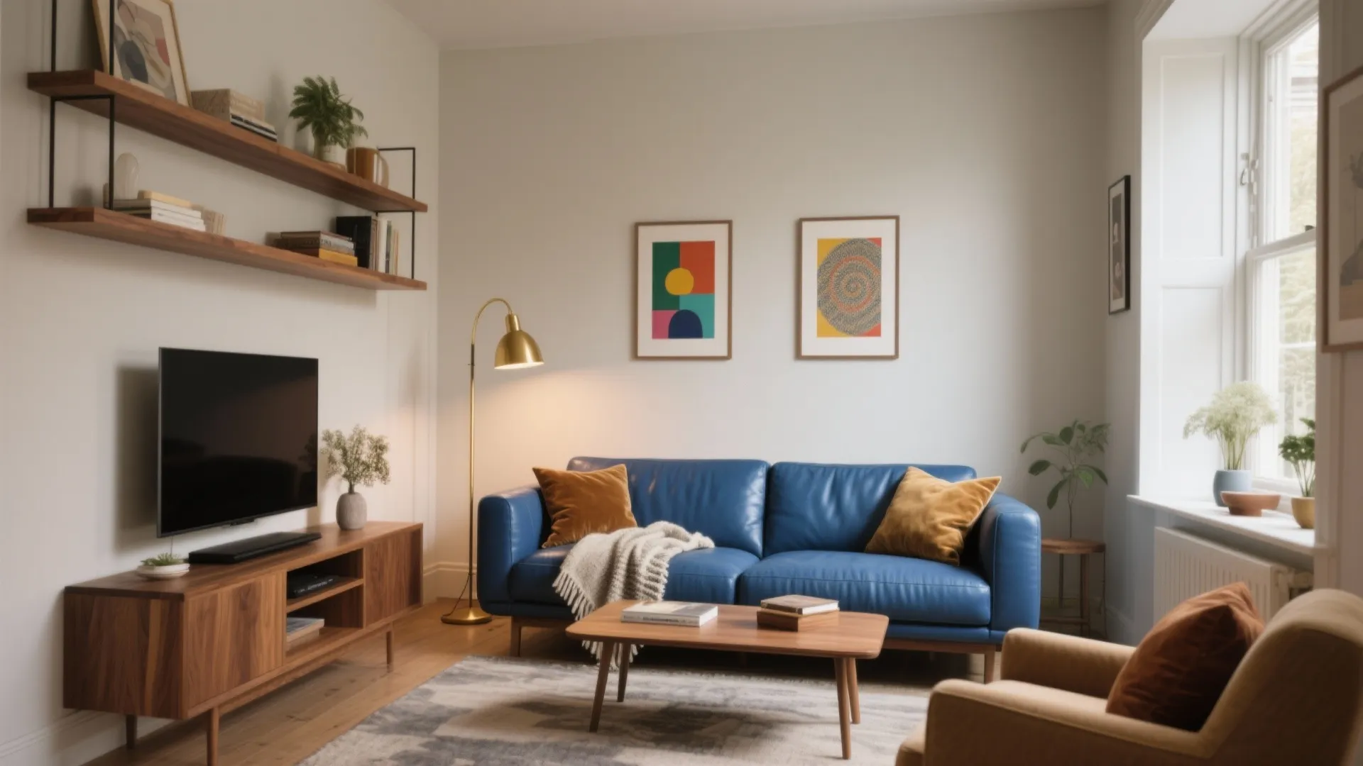Modern living room featuring a blue leather sofa wooden coffee table floor light and television