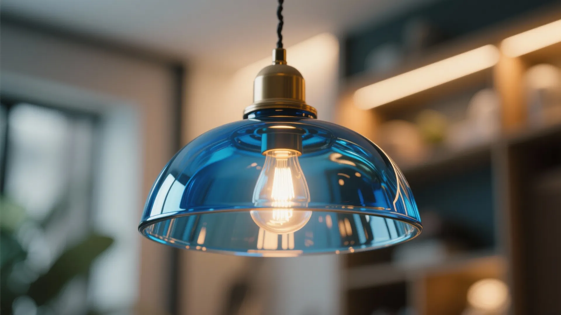 Modern ceiling light with blue glass shade and glowing light bulb in a cozy room