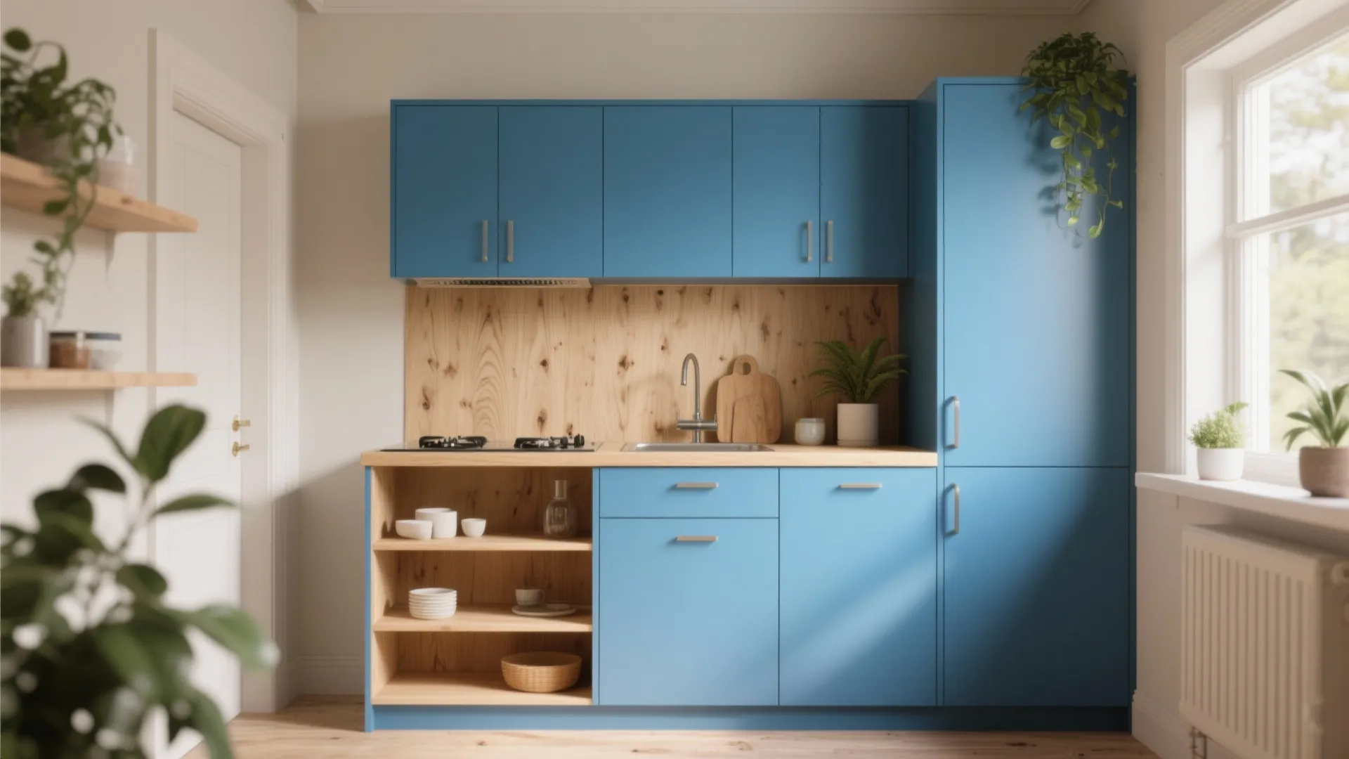 Small modern kitchen featuring blue cabinets light wood backsplash open shelving sink and potted plants