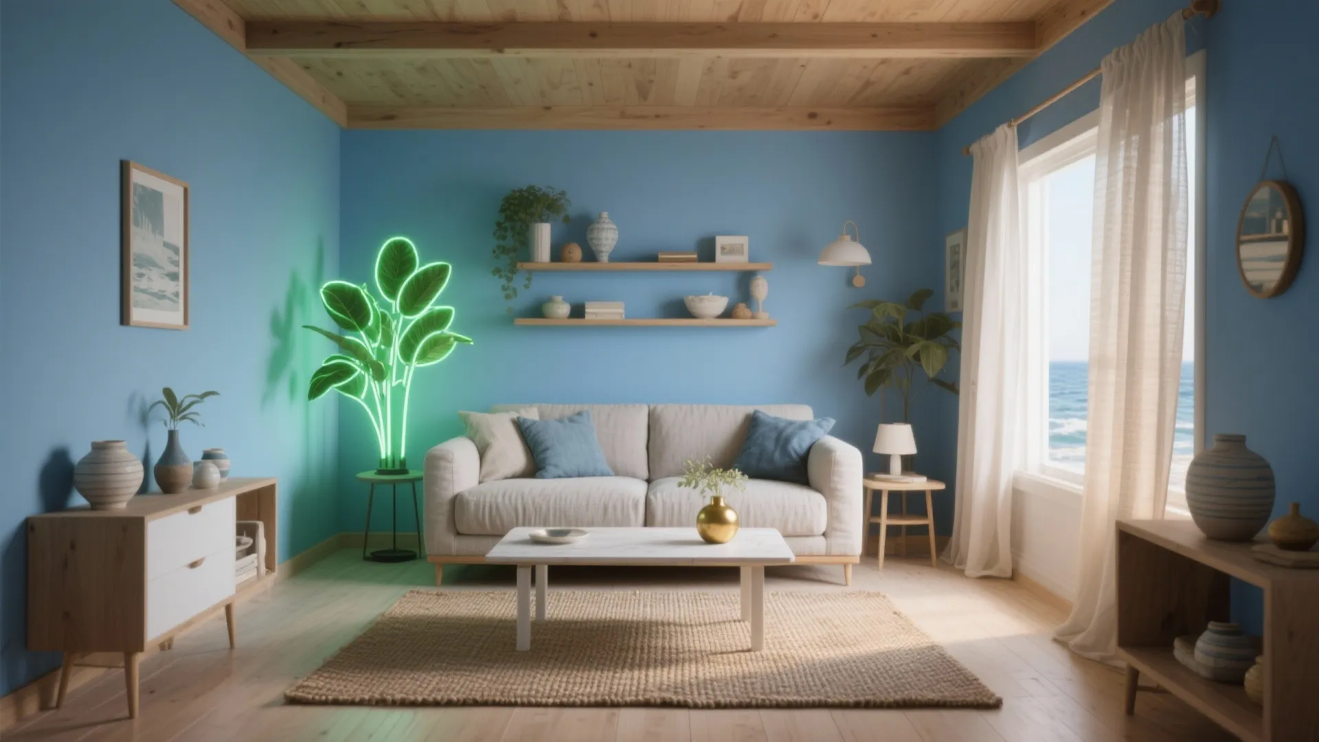 Modern blue living room with white sofa, wooden ceiling, green neon plant, and rug decor
