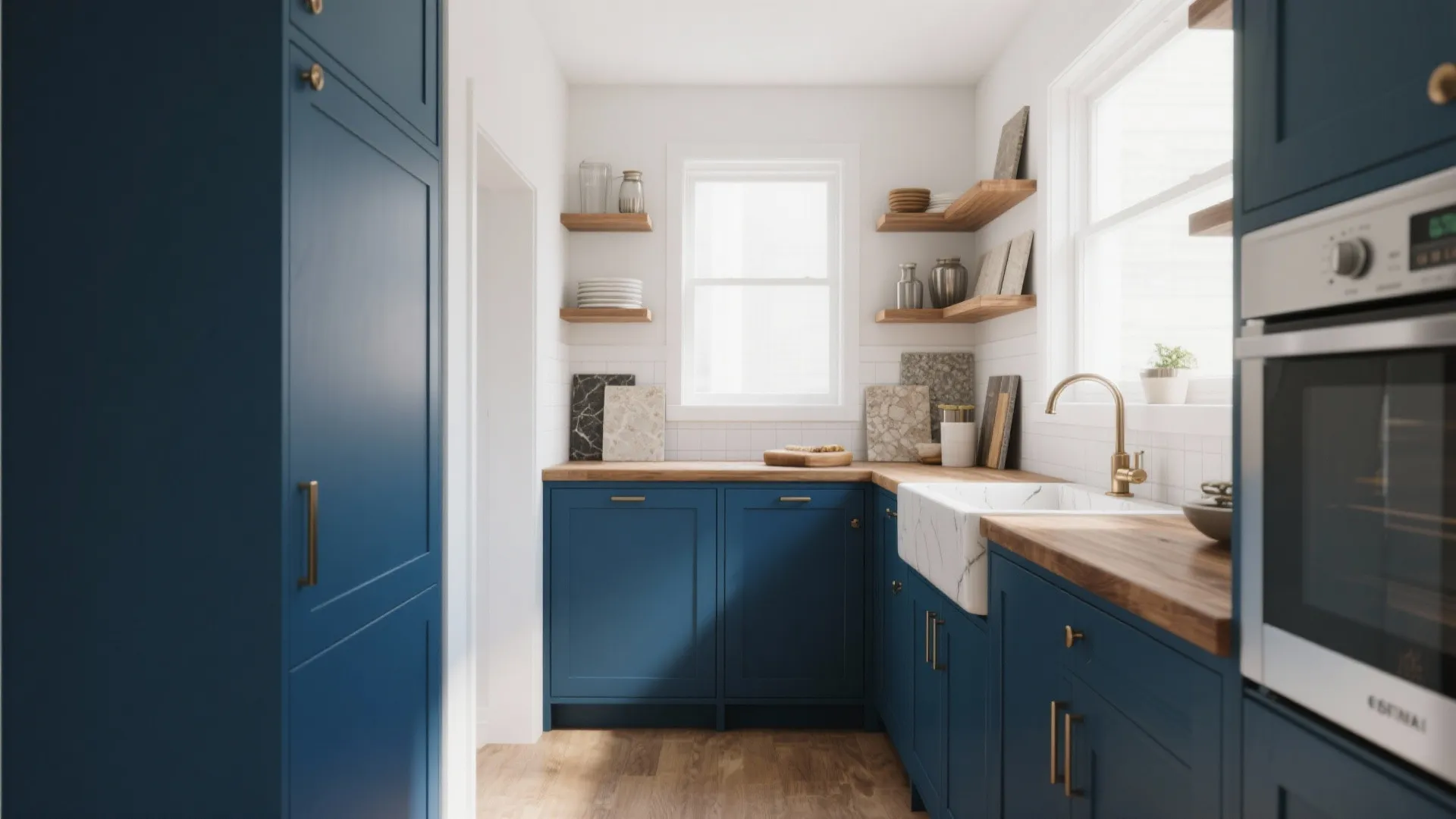 5. Blue Cabinets, Neutral Walls for Cozy Impact
