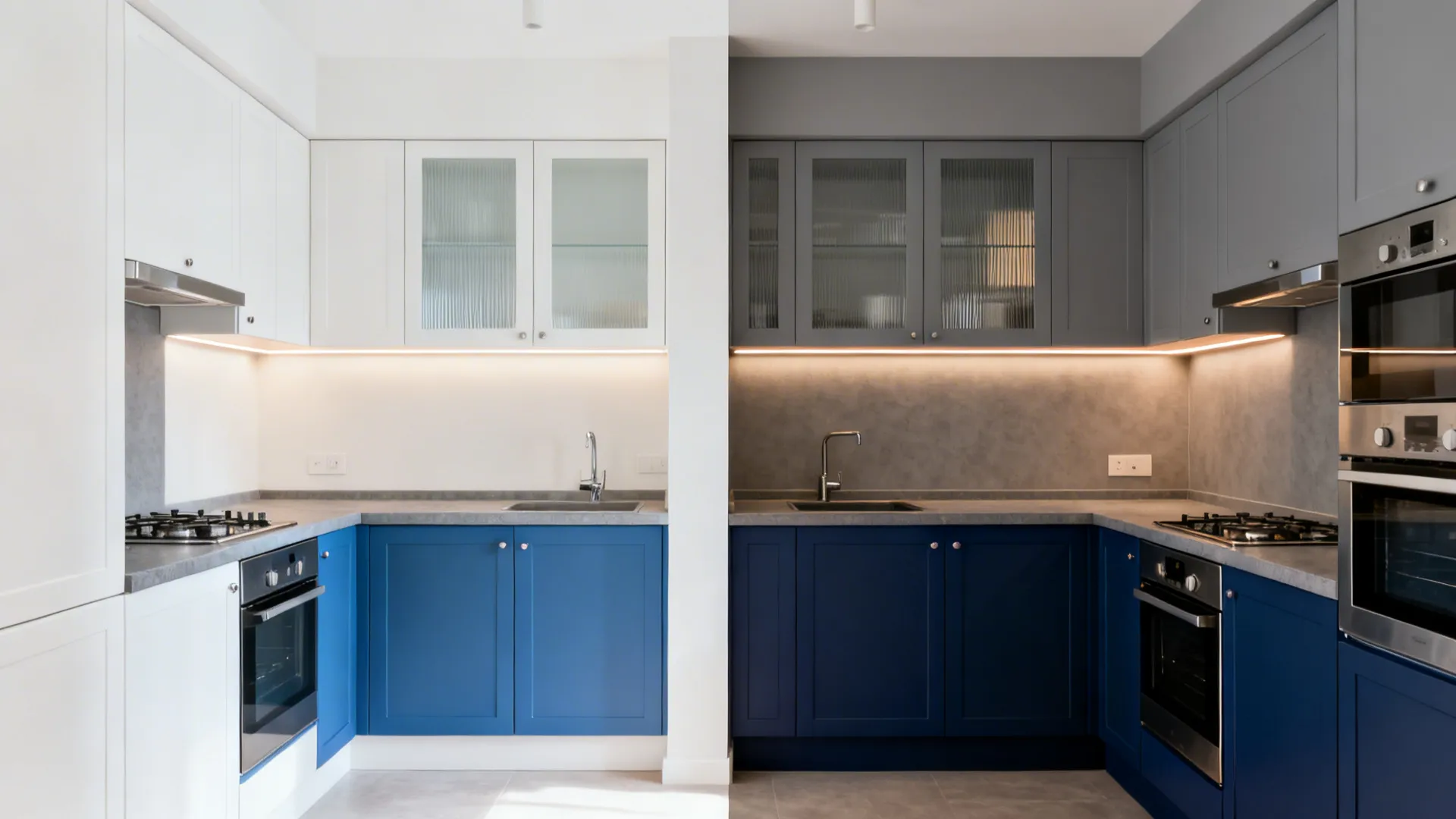 Small kitchen with deep blue lower cabinets and soft grey uppers that visually lift the space.