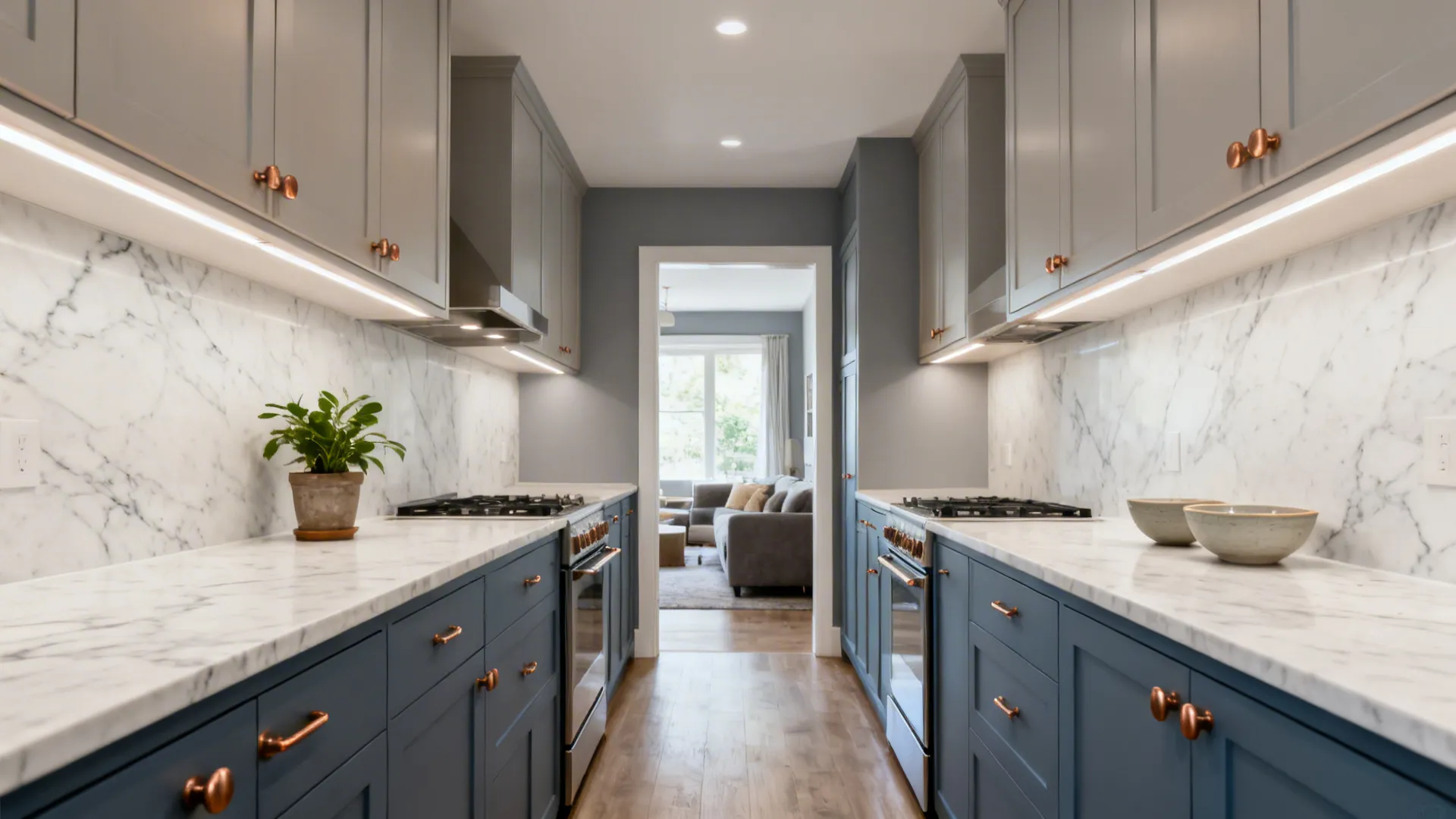 2) Blue Lower Cabinets, Light Grey Uppers for Balance