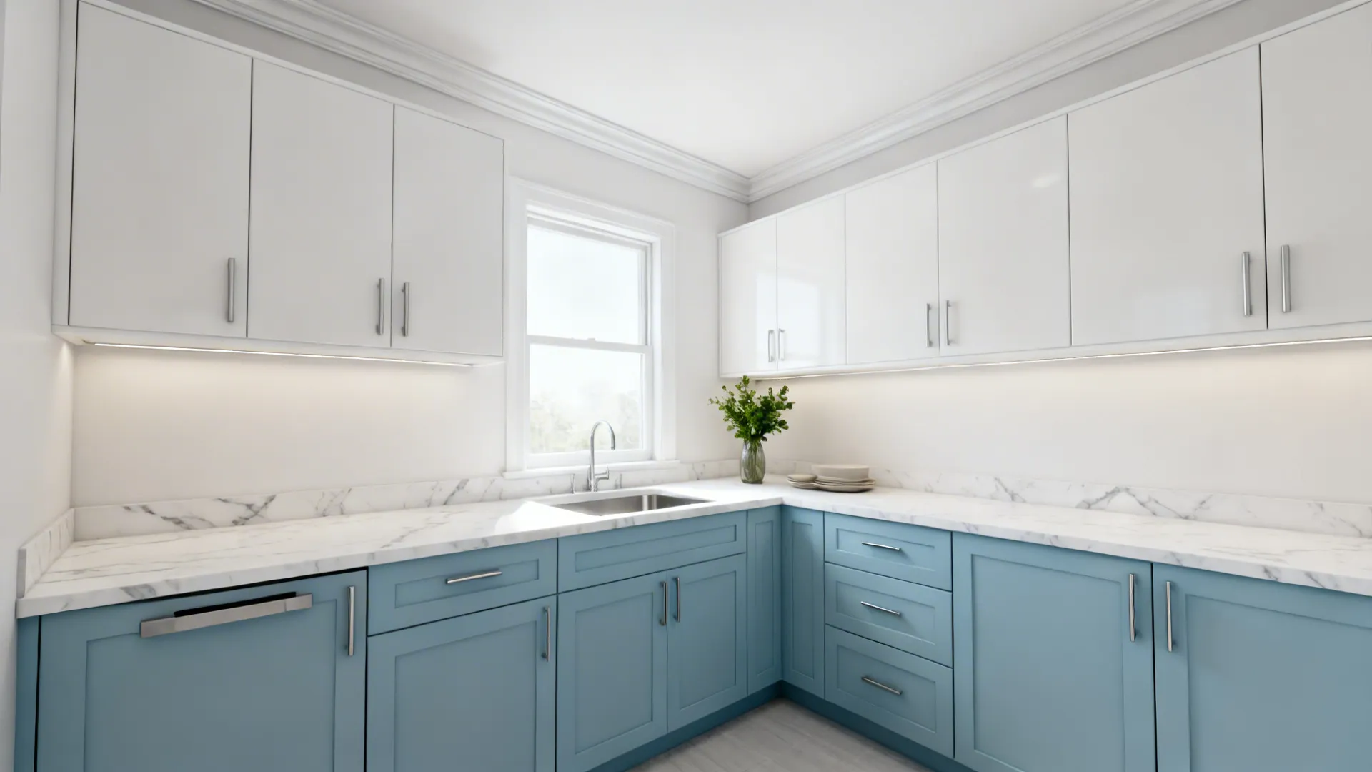 Small kitchen with sky-blue lower cabinets and white upper cabinets for airy height.