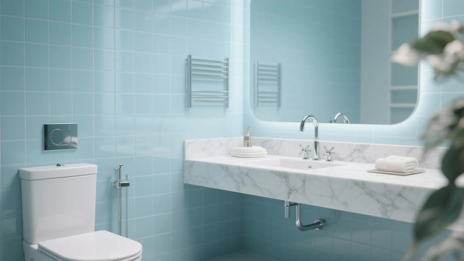 Modern bathroom featuring marble counter top blue tiles white toilet and large lighted wall mirror