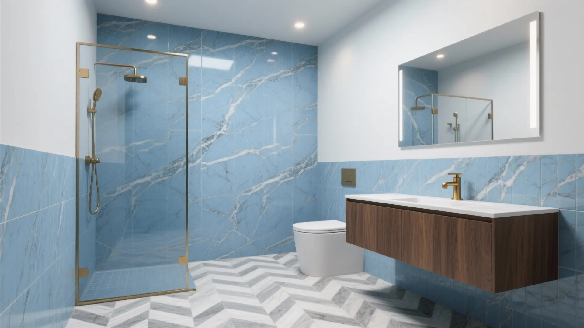 Modern bathroom featuring blue marble walls glass shower gold faucet white toilet and wood cabinet