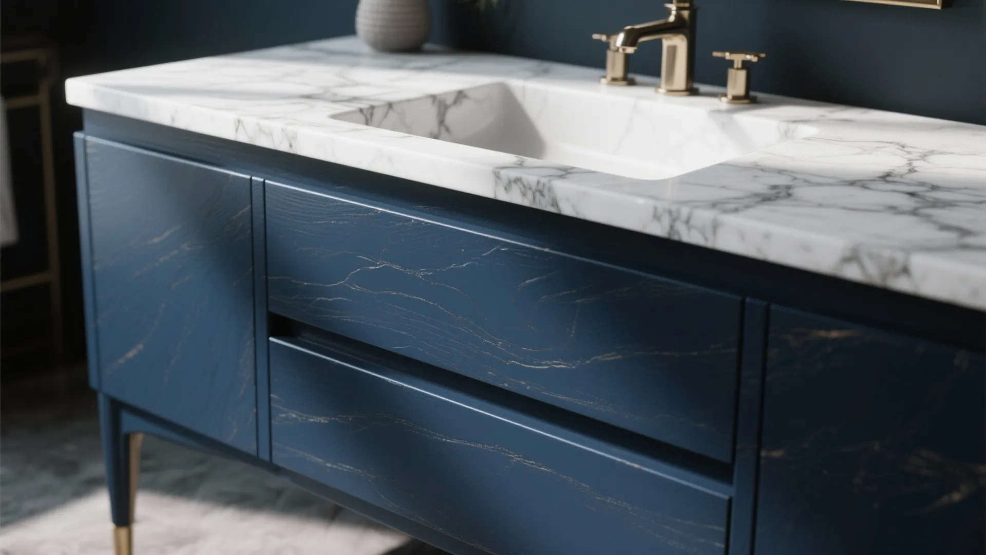 3. Two-Tone Vanity: Dark Blue Base + Marble Top