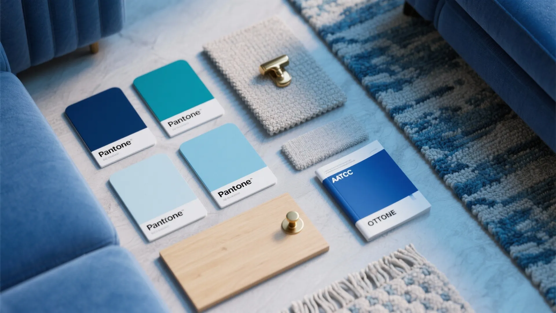 Flatlay of blue color chips, wood and brass samples, rug swatch and AATCC guide for matching fabrics.