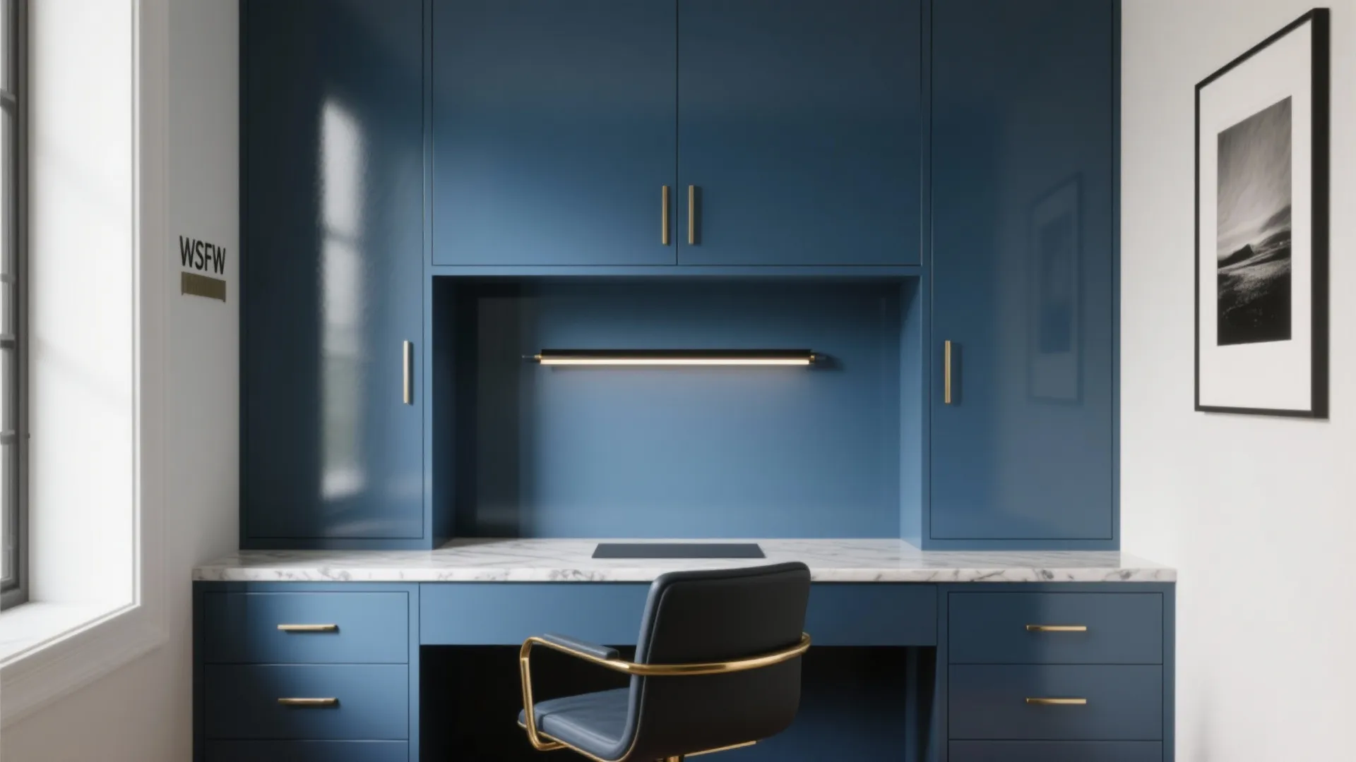Modern home office with dark blue built in cabinets marble desk surface black chair and light