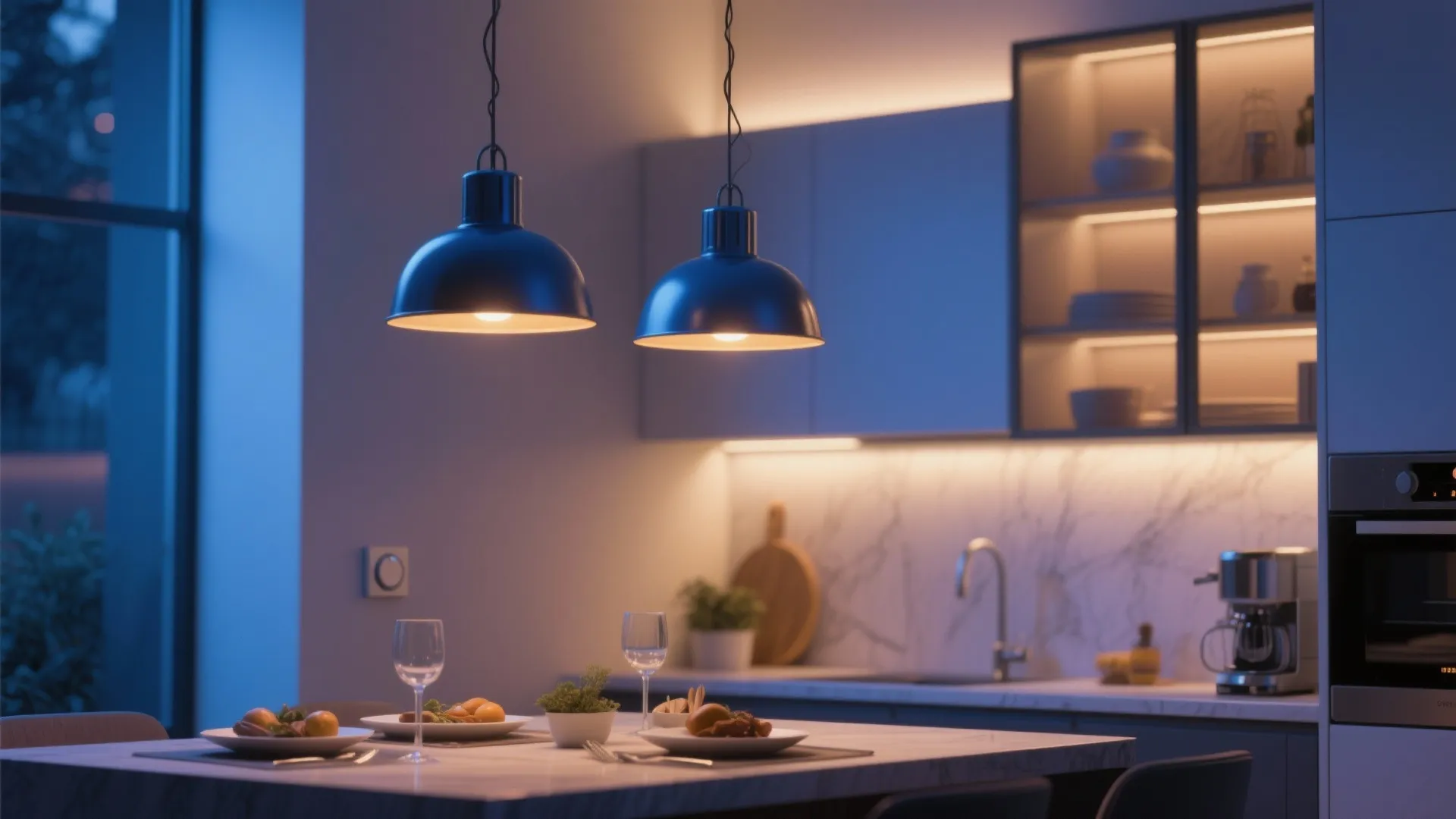 5. Blue Metal Shades with Integrated Dimmers