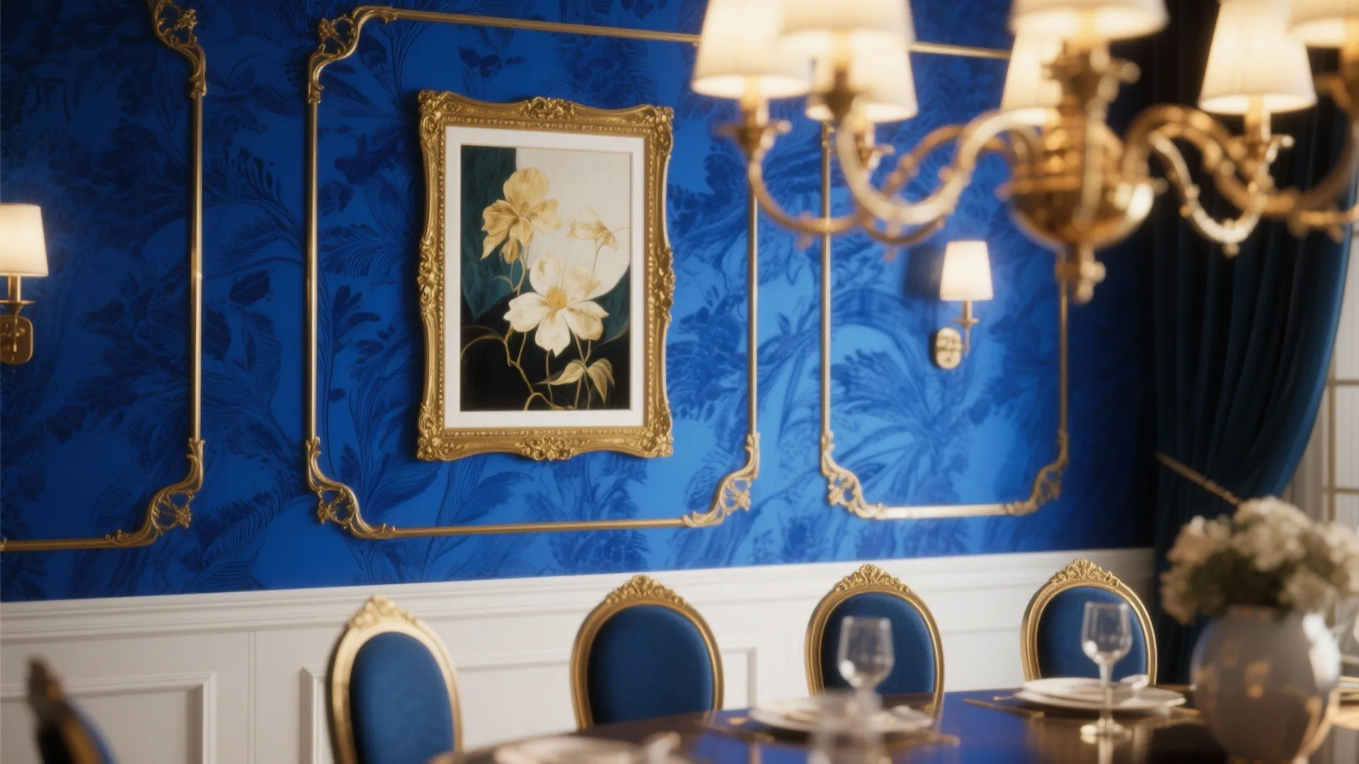Blue floral wallpaper with gold wall panel frames flower painting blue velvet chairs and table