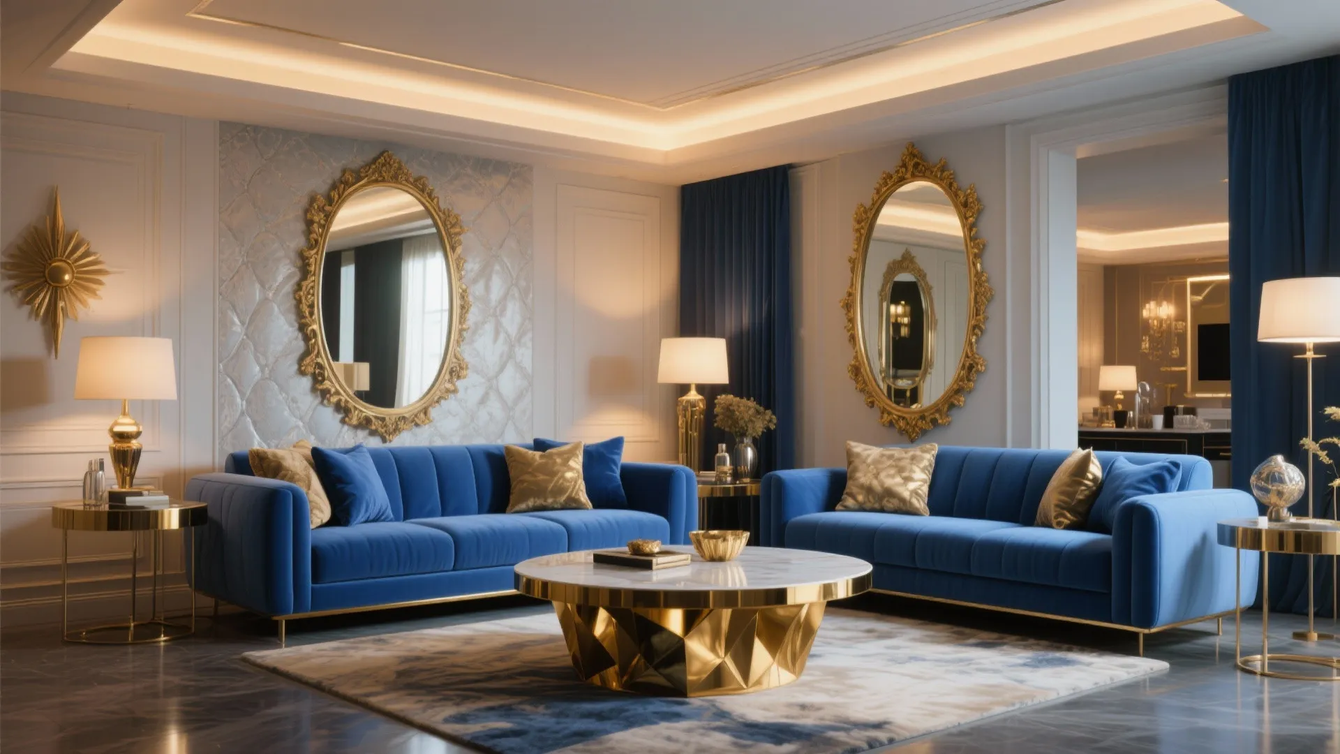 Luxury living room with blue sofas gold coffee table large round mirrors and warm light fixtures