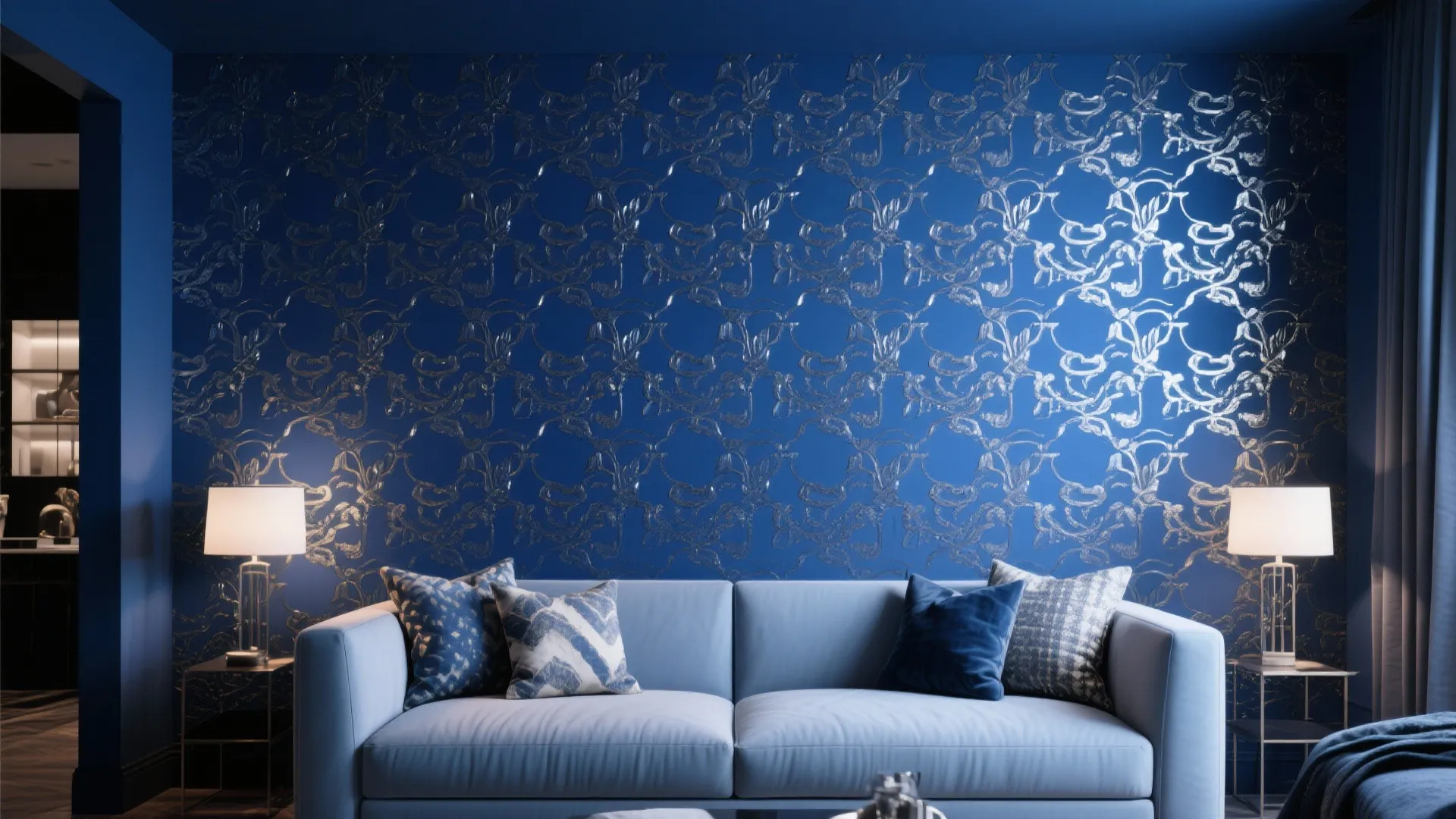 5. Blue Accent Wall with Metallic Wallpaper