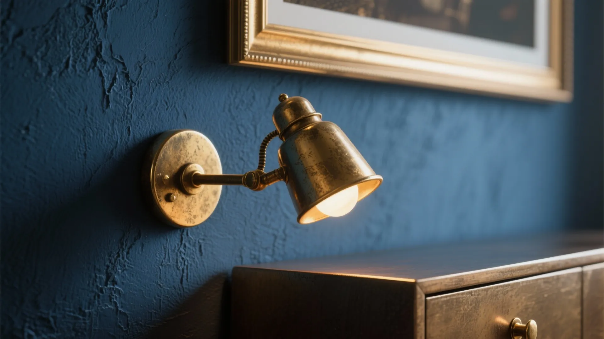 Vintage brass wall light fixed on blue textured wall above dark wood cabinet in house