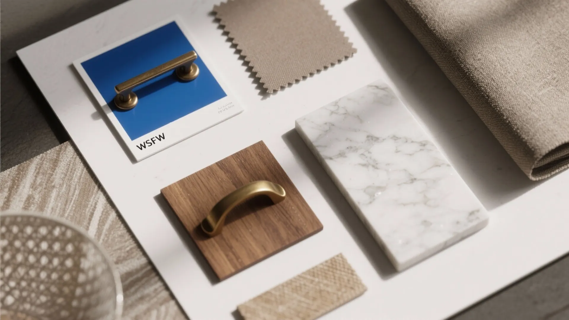 Interior design mood board with blue color sample marble tile wood pieces and gold handles