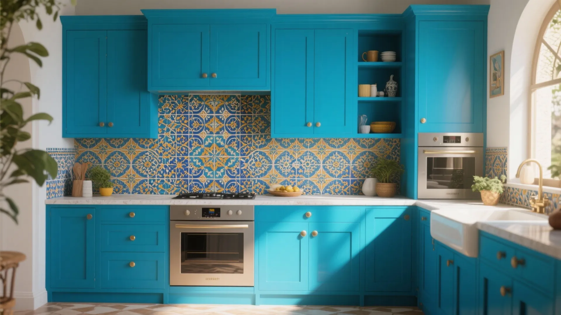 Bright blue kitchen cabinets with patterned yellow and blue tiles on the wall behind stove